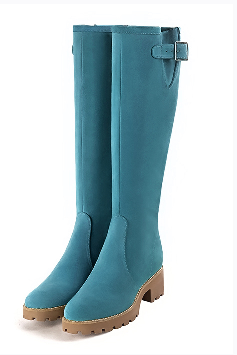 Peacock blue women's knee-high boots with buckles.. Made to measure - Florence KOOIJMAN